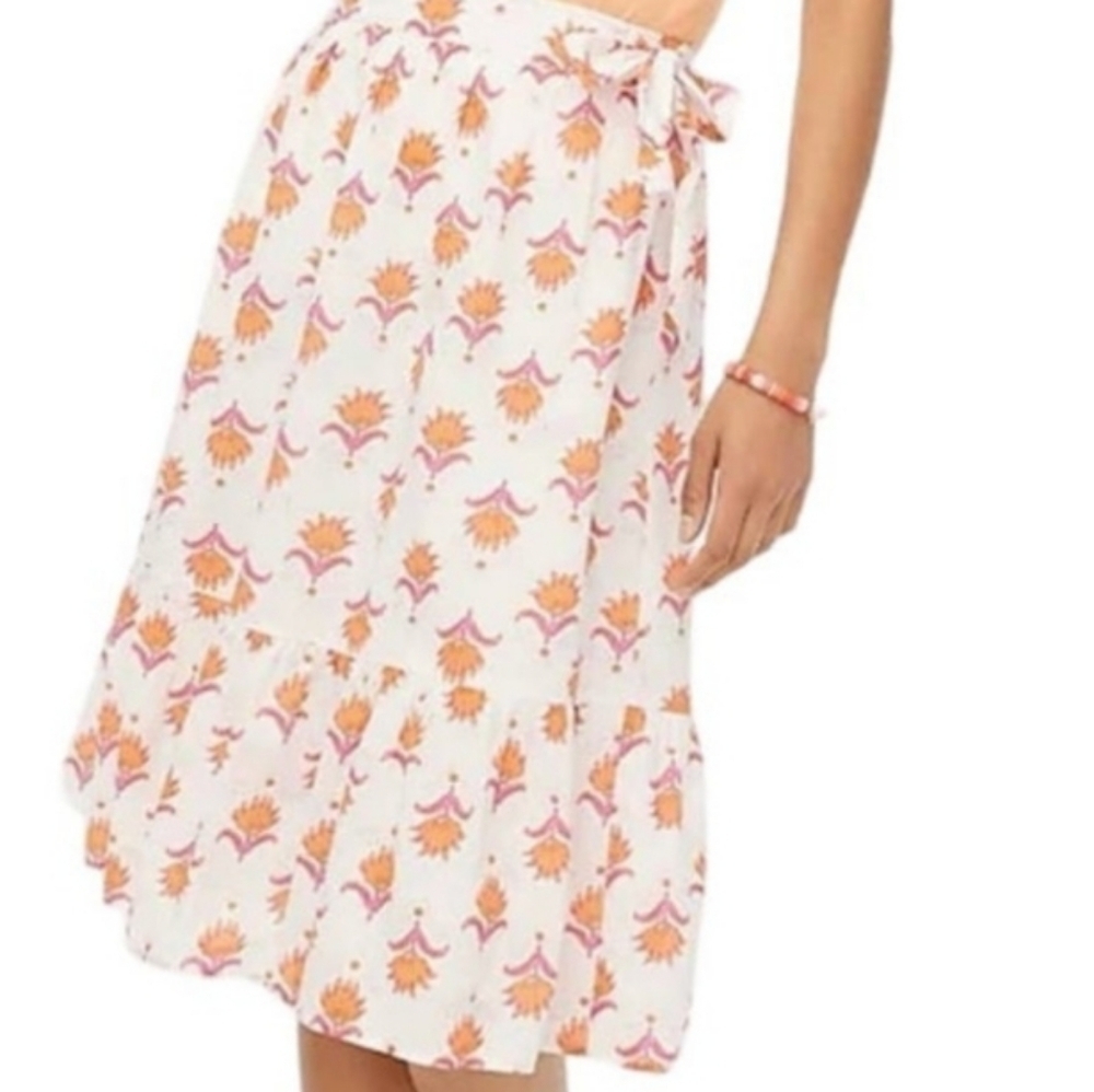 J. CREW Tiered Midi Skirt Fuschia/Orange Floral on White Waist Tie Sz 00 NWT